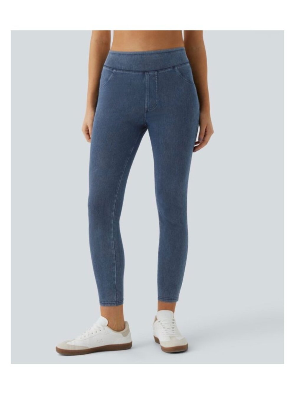 Halara L 7/8  Womens Stretchy Denim-Look High-Waisted Capri Leggings Size L Blue
